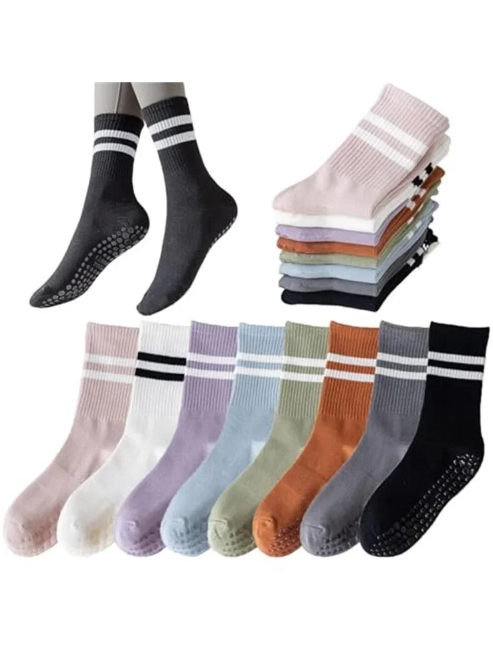 8 Pairs Long Yoga Socks with Grip for Women Anti Skid Gripper Socks No